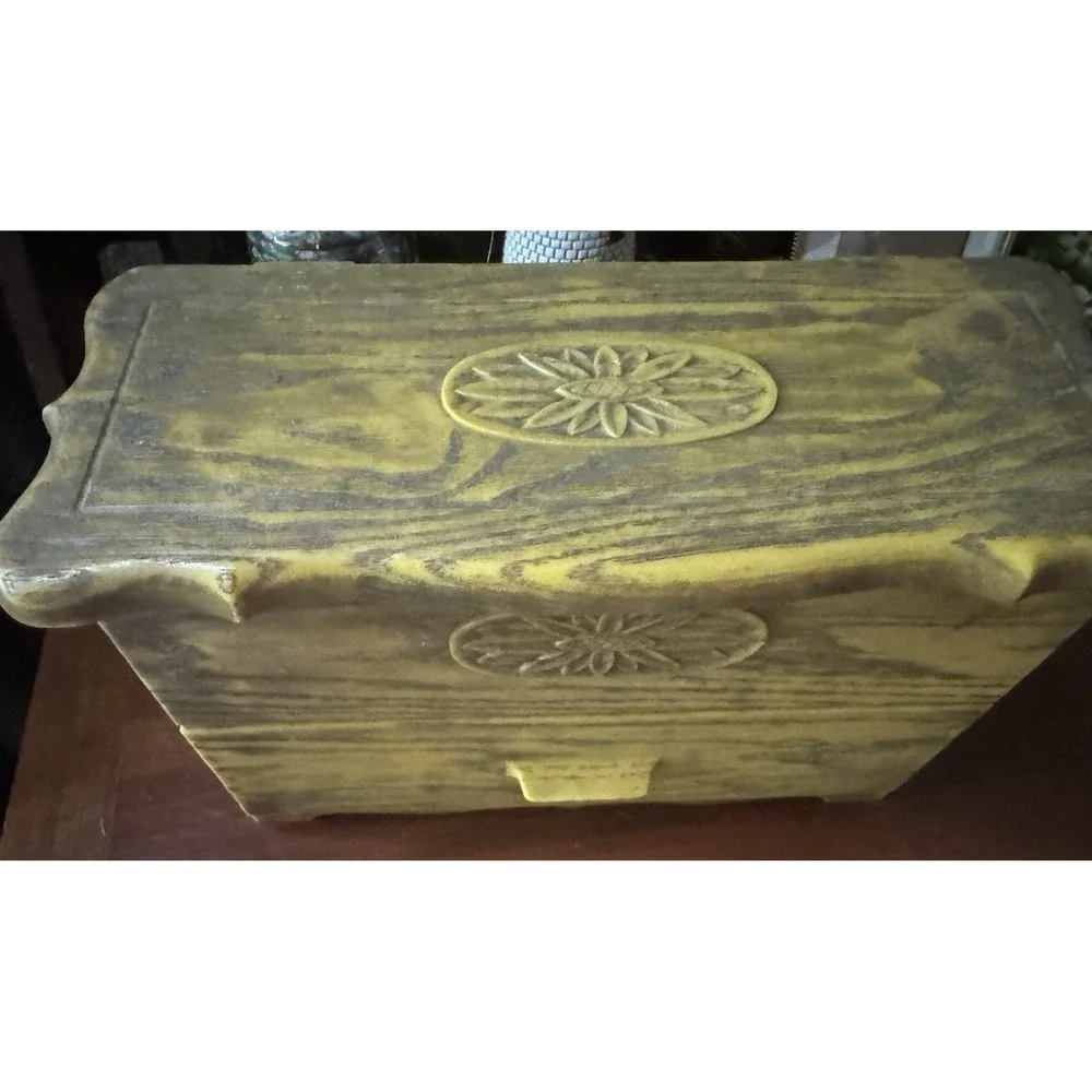 Vintage 1970s Harvest Gold Faux Wood‎ Recipe Box Sunflower Plastic Storage Chest